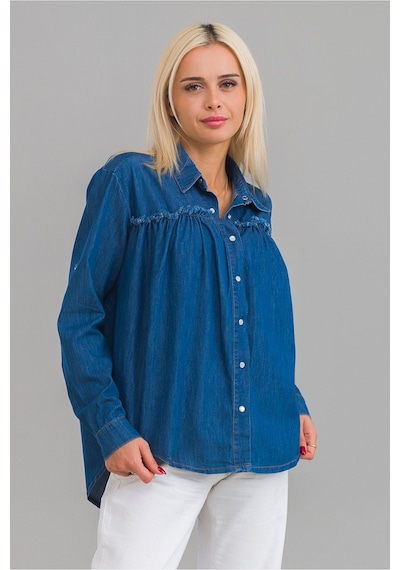 Bold & Young Kadın Pis Dikişli Pamuklu Denim Kumaş Çıtçıtlı Kol Britli Kot Gömlek İndigo