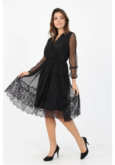 Neşeli Butik Kadın Tül Kruvaze Yaka Eteği Dantel Detaylı Yeni Sezon Elbise Apcx39 Siyah
