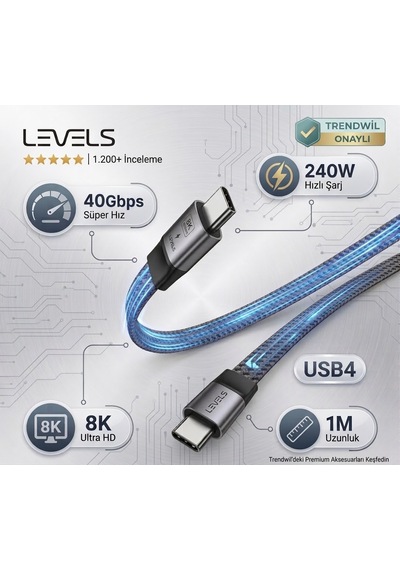 Levels Usb4 Type-c Kablo 240w Hızlı Şarj & 40gbps Veri Transferi 8k 60hz Uhd 1m Flat Kablo 100cm