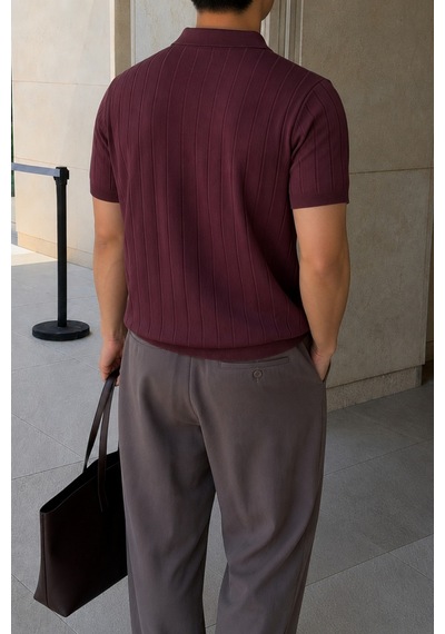 Tarz Cool Erkek Çizgili Triko Polo Yaka Tişört Slim Fit Premium Pamuklu Yazlık Polo Bordo