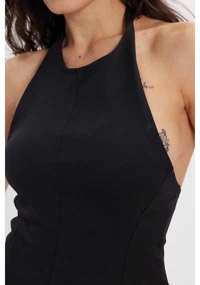 Tudors Kadın Slim Fit Dar Kesim %100 Pamuk Boyundan Bağlamalı Sıfır Kol Siyah Bluz-50552