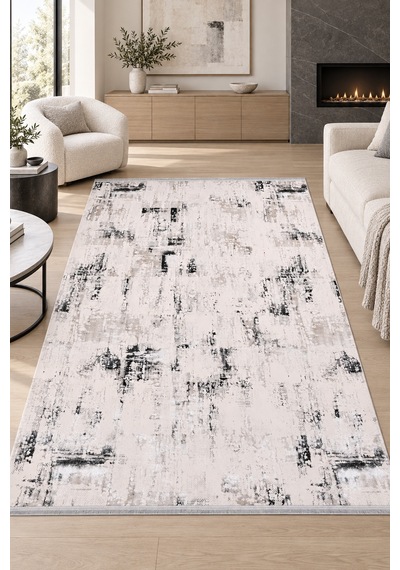 Tarvo Zemin Krem Gri Salon Oturma Odası Koridor Halısı Robot Süpürge Uyumlu Kolay Temizlenebilir Polyester İnce Dokulu Modern Halı Krem/gri