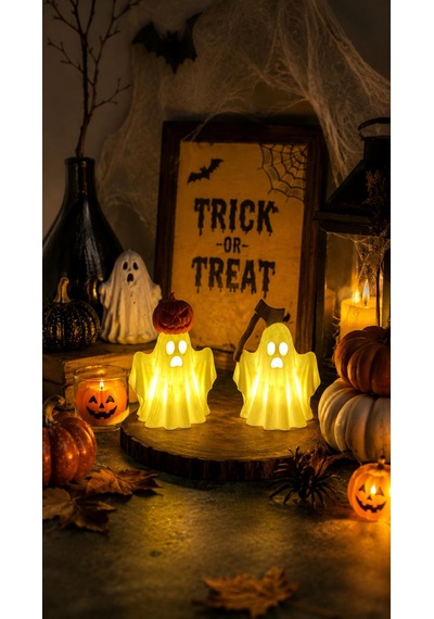 Balkabaklı & Baltalı Hayalet Pilli Led Mum İle Kullanım Dekoratif Biblo Halloween Dekoru Ev Dekorasyonu 2 Li Set