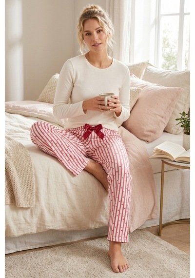 Mataş Kadın Viskon Pijama Altı Rahat Kesim Fiyonk Bağcıklı Bel Pembe