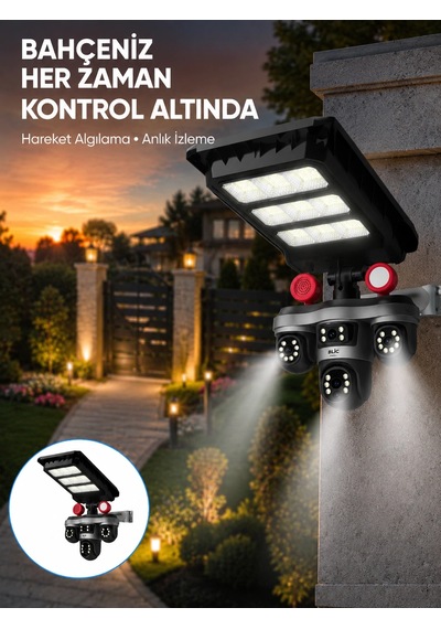 Mey İthalat Güneş Enerjili 3 Lens Akıllı Güvenlik Kamerası Led Projektörlü Dış Mekan Koruma Sistemi