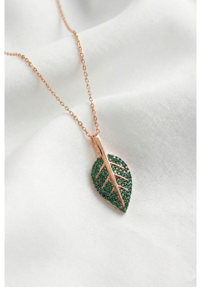 Çekirdekjewelry 925 Ayar Gümüş Yeşil Yaprak Kolye Rose