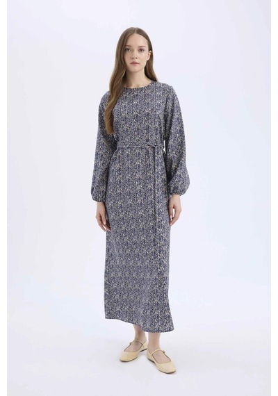 DeFacto Regular Fit Bisiklet Yaka Desenli Kuşaklı Uzun Kollu Maxi Elbise E5247AX25SPNV134