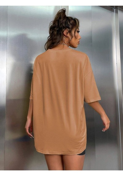 Flood Of Style Kadın Camel Calıfornıa Baskılı Bisiklet Yaka Tshirt Kahverengi