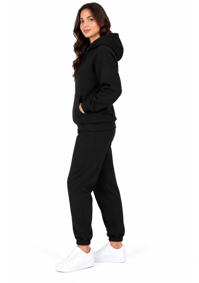 Kadın Siyah Kapüşonlu Kanguru Cepli 3 İplik Şardonlu Sweatshirt
