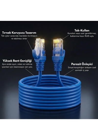 Cat6 Ethernet Kablosu 20 Metre - 1000 Mbps E Kadar Veri Aktarımı - Fabrikasyon Rj45 Konnektörlü - Mavi