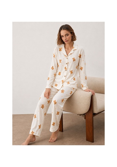 Fit Women Kadın Gömlek Yakalı Uzun Kollu Beyaz Pijama Seti
