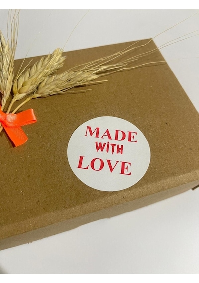 Made With Love Beyaz Etiket Kırmızı Yazı Yuvarlak Yapışkanlı Etiket 4x4 Cm 120 Adet