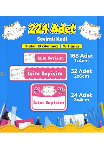 Sevimli Kedi Temalı Okul Kreş Kişiye Özel İsim Etiket Seti - Model 100 Çok Renkli