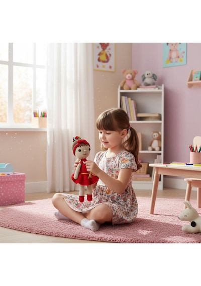 Kırmızı Elbiseli El İşi Amigurumi Oyuncak Kız Bebek Kırmızı