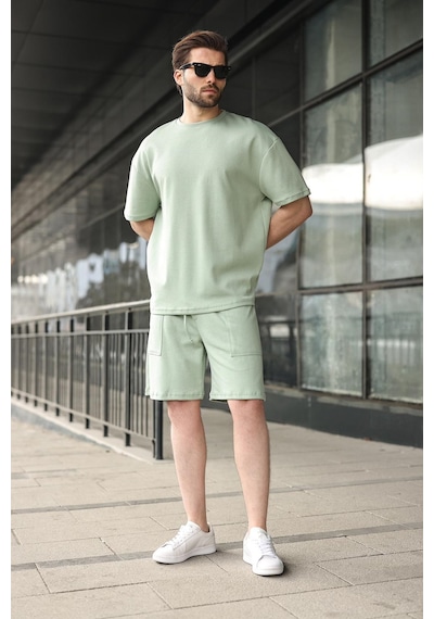 Madmext Çağla Yeşili Bisiklet Yaka Oversize Erkek Şort T-shirt Takım E7355 Çağla Yeşili