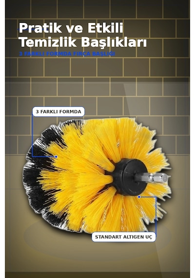 Yuvarlak Kafalı 3 Parça Matkap Temizlik Fırçası Seti Banyo Mutfak Araba Koltuk Bx-313450 Diğer