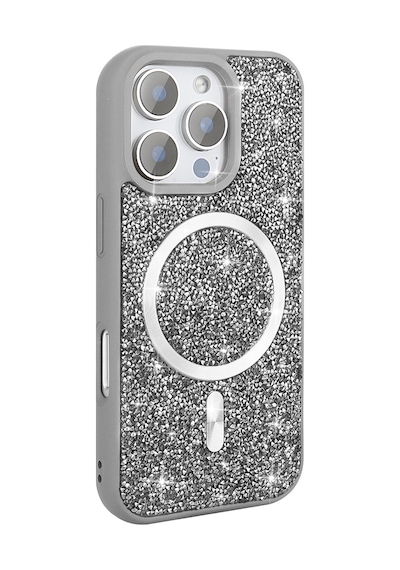 Zore Apple Uyumlu iPhone 16 Pro Max Kılıf Pırlanta Tasarımlı Magsafe Şarj Özellikli Mozaik Sil Gri
