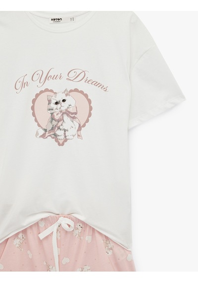 Koton Pamuklu Bisiklet Yaka Kısa Kollu Pijama Takımı Pembe Desenli 6slk40146mk