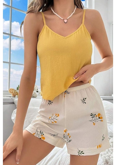 Bella Notte Sarı Askılı Üst & Çiçek Desenli Şortlu Yazlık Pijama Takımı