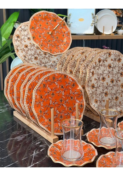 31 Parça Floral Gold Yaldızlı 6 Kişilik Pasta Çay Servis İkram Takımı-5826 Çok Renkli