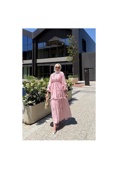 Riella Butik Perilla Fırfır Detaylı Tesettür Elbise Pembe