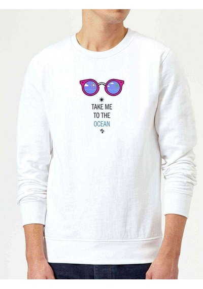 Take Me To The Ocean Gözlük Baskılı Beyaz Erkek Sweatshirt