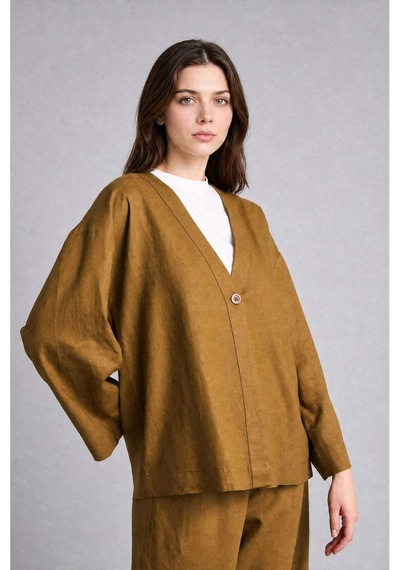 Defacto Regular Fıt V Yaka Keten Kimono H3219ax26aukh257 Haki-kh257