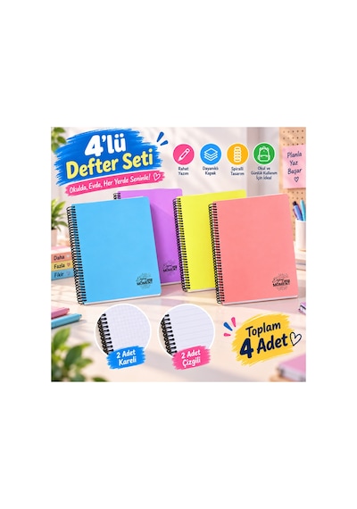 Spiralli Defter Seti 17x24 Cm 120 Yaprak 4'lü Set 2çizgili 2 Kareli Karışık Set - 921869814 Karışık Set