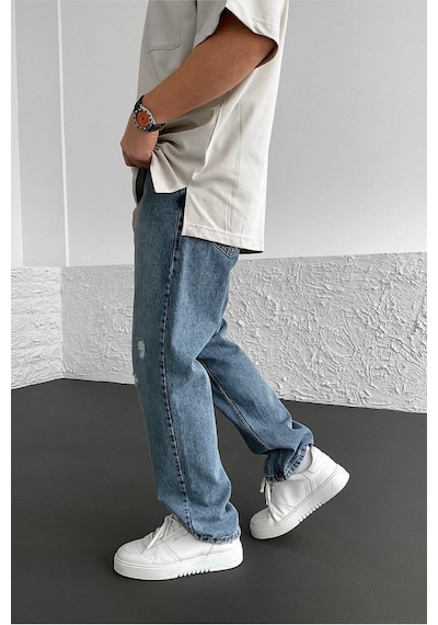 Baggy Bol Paça Rahat Kalıp Kot Pantolon Mavi