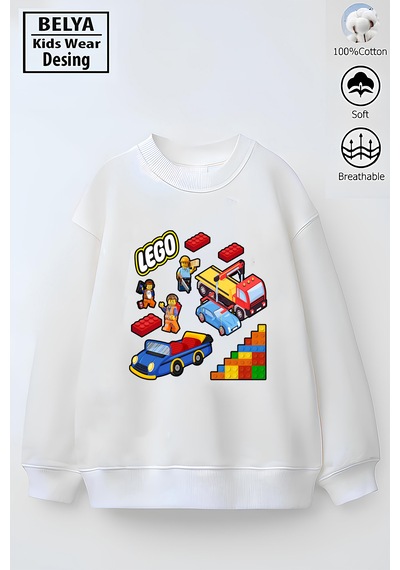Belyakidswear Trend Çocuk Model Tam Kalıp Oversize Lego Tasarım 3 İplik Pamuğa Pamuk Kumaş Beyaz