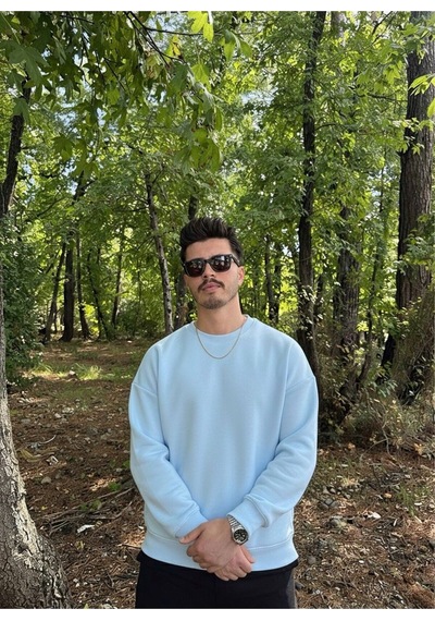 Erkek Oversize Bisiklet Yaka Geniş Kesim Sweatshirt Mavi