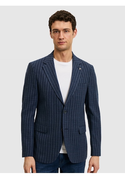 Cacharel Lacivert Çizgili Slim Fit Yün Karışımlı Klasik Ceket