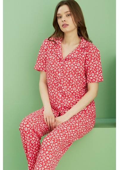 Siyah İnci Bürümcük Krınkıl Kumaş Örme Düğmeli Pijama Takım25118560 Çok Renkli