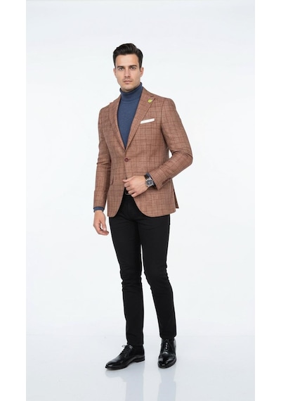 Plus Scorpion Ekoseli Slim Fit Erkek Blazer Ceket Şık Modern Tasarım, Tek Düğmeli Kiremit