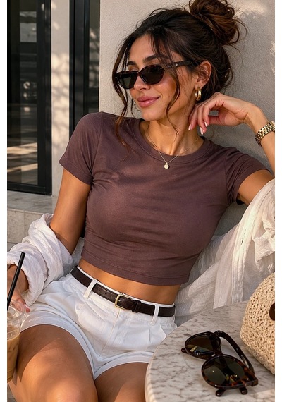 Bbbutikbasic %100 Pamuk Basic Crop Tişört My3535 Kahverengi