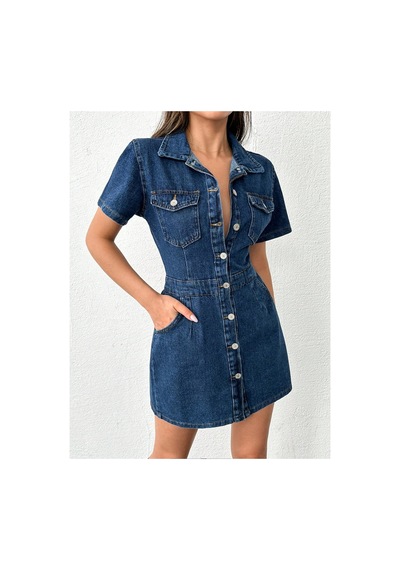 Kene Jeans Ön Arka Pensli Düğme Kapamalı Lacivert Elbise Lacivert