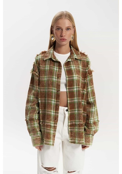 Mai Collection Mai Studios Co. Loma Yıkamalı Oversize Unisex Ekose Kahve Gömlek Kahve