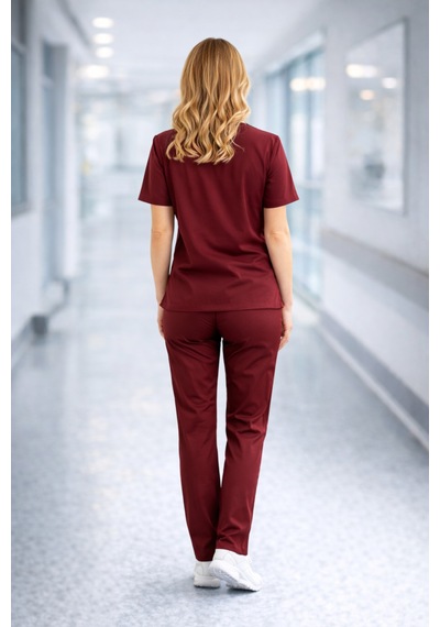 Likralı Hemşire Doktor Forması Premium Belinda Soft Kumaş Scrubs Hastane Üniforması Cerrahi Takım Bordo