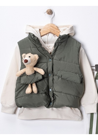 Harika Kids Erkek Bebek 3 Lü Takım 9-24 Ay Şişme Yelek %100 Pamuk Sweatshirt Gabardin Pantolon Yeşil