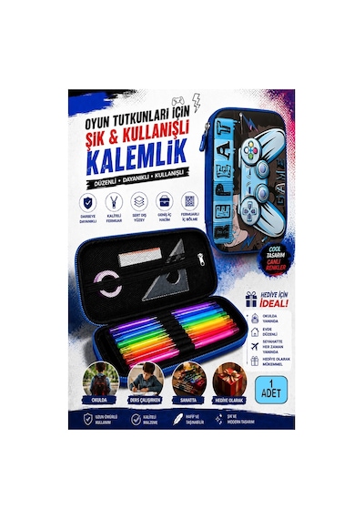 Oyun Konsolu Kabartmalı Bölmeli Kalemlik 1 Adet P-6011 Erkek Çocuk Okul Kalem Kutusu 3 Boyutlu Joystick Hediyelik Mavi