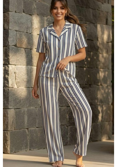 Relax Mode Kadın Mavi Çizgili Gömlek Pijama Takım - 26036r Beyaz