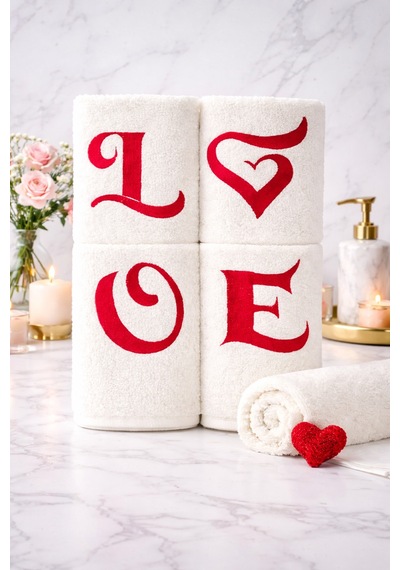 Veramoni Love 4'lü Nakışlı Havlu Seti Pamuklu - Beyaz