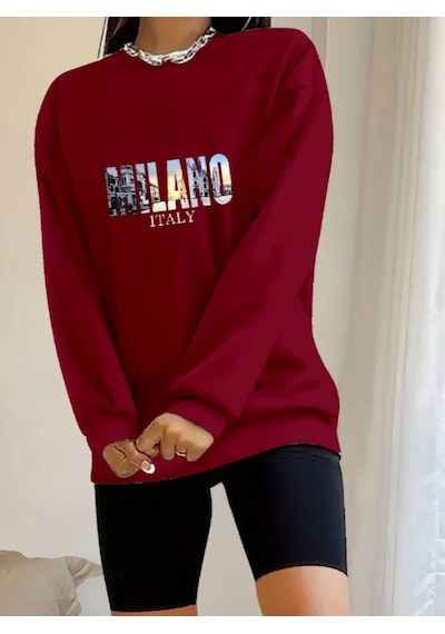 Dogutrend Kadın Uzun Kollu Bisiklet Yaka Desenli Viskon Iki Iplik Bluz Bordo
