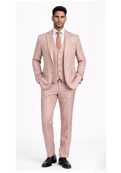 Fabio Cassel Slim Fit Mono Yaka Çift Yırtmaçlı Astarlı Takım Elbise Yelekli Pudra
