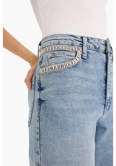 Defacto Kısa Geniş Paça Yüksek Bel Bilek Boy Jean Yıkamalı Pantolon F7769ax25aunm28 Mavi