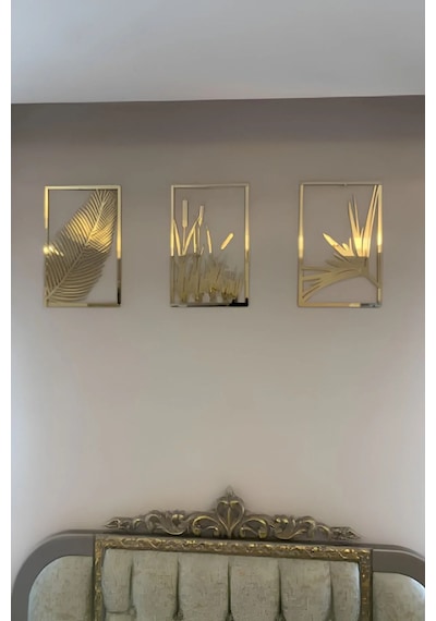 Yaprak Ve Sazlık 3'lü Tablo Mdf Üzeri Gümüş Pleksi Duvar Dekorasyon Her Biri 35x25 Cm 001