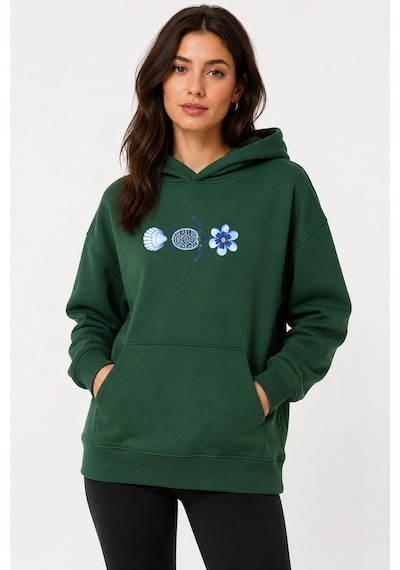 Herkesemoda Deniz Temalı Kaplumbağa Baskılı Kapüşonlu 2 İplik Şardonlu Sweatshirt Yeşil