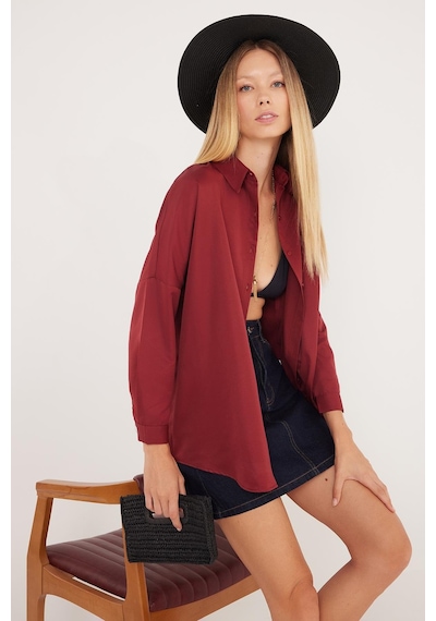 Tudors Kadın Oversize Rahat Kesim Spor Yaka Uzun Kollu Basic Düz Bordo Gömlek-36830 Bordo