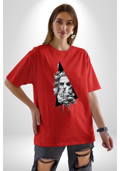 Poseidon Felsefe Pamuklu Bisiklet Yaka Unisex Oversize Boyfriend Dijital Baskılı Kırmızı T-shirt Kırmızı