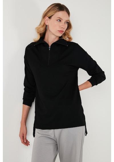 Lela Regular Fit Fermuarlı Yaka Önü Kısa Arkası Uzun Bayan Sweat 5865876 Siyah